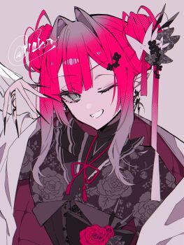 Rule 34 | 1girl, baobhan sith (fate), black kimono, breasts, commentary request, double bun, earrings, fate/grand order, fate (series), floral print, grey eyes, grin, hair bun, hair intakes, hair ornament, highres, i10 ksw, japanese clothes, jewelry, kimono, long hair, long sleeves, looking at viewer, medium breasts, one eye closed, pink hair, pointy ears, sash, sidelocks, smile, translation request