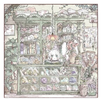 1girl absurdly_detailed_composition blush_stickers book border bow bread broom commentary_request display_case flower food framed_insect garlic green_bow green_eyes hair_bow herb highres hina_(dadari) indoors loaded_interior looking_at_viewer original pale_color plant potted_plant seashell shelf shell shop smile solo tareme vines white_border white_hair