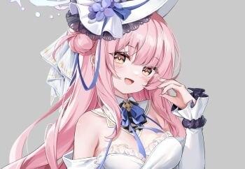 1girl alternate_costume black_scrunchie blue_archive blue_bow blue_bowtie blush bow bowtie breasts cannian_dada cleavage commentary_request detached_collar flower grey_background hair_bun halo hat hat_flower long_hair long_sleeves looking_at_viewer mika_(blue_archive) open_mouth pink_hair pink_halo scrunchie single_side_bun smile solo upper_body white_hat wrist_scrunchie yellow_eyes