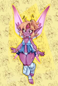 1girl 2024 antennae armlet arms_at_sides bare_shoulders bikini blonde_hair blue_bikini bracelet breasts center_opening cleavage colored_skin commentary constricted_pupils curious english_commentary fairy fairy_wings female_focus floating forehead_jewel full_body gold grin highres jewelry leg_warmers legs_together looking_at_viewer medium_breasts multiple_expressions onkinky open_hands original outline pointy_ears ponytail purple_skin red_eyes revealing_clothes sharp_teeth simple_background smile spicy_(onkinky) stirrup_legwear surprised swept_bangs swimsuit teeth thick_thighs thighs tiara toeless_legwear toes wings worried