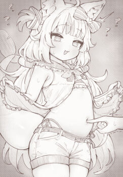1girl 1other @_@ ^^^ animal_ear_fluff animal_ears armpit_crease blunt_bangs cat_ears confused dress finger_in_navel fins fish_girl fish_tail fokkahim7 frilled_sailor_collar frills indie_virtual_youtuber lifebuoy_hair_ornament lifting_own_clothes loli low_twintails monochrome nail_polish one_side_up open_clothes open_dress poking poking_belly sailor_collar sameko_saba sameko_saba_(1st_costume) screentones stomach surprised tail twintails virtual_youtuber