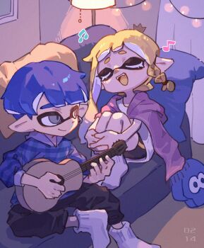 1boy 1girl bike_shorts black_pants blue_hair blue_shirt closed_eyes closed_mouth commentary couch grey_eyes highres holding holding_instrument indoors inkling inkling_boy inkling_girl inkling_player_character instrument lamp long_hair lu_3sea music musical_note nintendo no_shoes on_couch open_mouth pants playing_instrument pointy_ears shirt short_eyebrows short_hair singing sitting smile socks splatoon_(series) tentacle_hair undercut untranslatable_commentary white_socks
