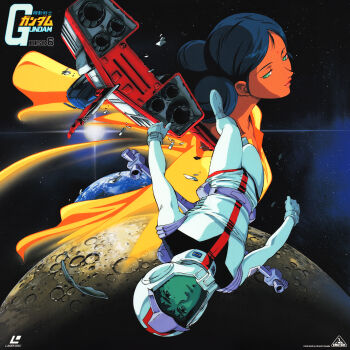 1980s_(style) 1990s_(style) 1boy 1girl absurdres amuro_ray bindi core_fighter damaged dark_skin debris earth_(planet) earth_federation green_eyes gundam highres indian_clothes jetpack lalah_sune laserdisc_cover lens_flare logo mecha_pilot_suit mobile_suit_gundam moon nebula official_art oldschool ousaka_hiroshi planet retro_artstyle scan scene_reference space spoilers star_(sky) sun title traditional_media vernier_thrusters wreckage zero_gravity