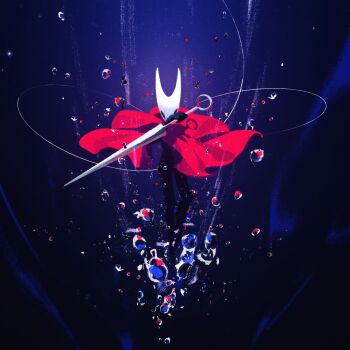 Rule 34 | 1girl, arthropod girl, black skin, bubble, cloak, colored skin, corvus noctis, full body, highres, holding, holding weapon, hollow eyes, hollow knight, hollow knight: silksong, horned mask, hornet (hollow knight), horns, looking at viewer, mask, needle (hollow knight), red cloak, reverse grip, shadow, silk, solo, weapon, white mask