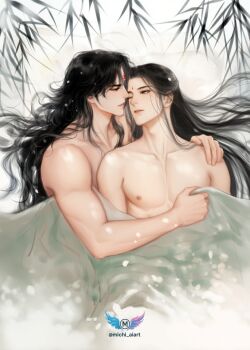 2boys adam's_apple artist_logo biceps bindi bittersweetao3 black_hair blanket_grab branch closed_mouth collarbone cuddling curly_hair curtained_hair face-to-face half-closed_eyes half_updo hand_on_another's_shoulder highres light_particles logo long_hair looking_at_another luo_binghe lying male_focus multiple_boys muscular muscular_male nipples on_back one_eye_closed parted_bangs parted_lips pectorals renzha_fanpai_zijiu_xitong shen_qingqiu sidelocks topless_male twitter_username under_covers upper_body very_long_hair white_background yaoi zuiyin