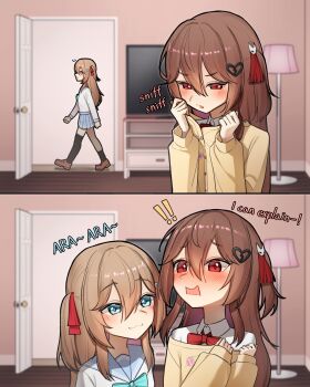 ! !! 2girls :3 :o absurdres aqua_bow aqua_bowtie ara_ara asymmetrical_legwear black_socks black_thighhighs blue_eyes blue_sailor_collar blue_skirt blush borrowed_clothes bow bowtie broken_heart broken_heart_hair_ornament brown_hair brown_shoes collared_shirt door double-parted_bangs embarrassed english_text evil_neuro-sama floor_lamp furrowed_brow hair_between_eyes hair_ornament hair_ribbon half-closed_eyes heart heart_hair_ornament highres implied_incest implied_yuri indoors lamp lavidi loafers miniskirt multiple_girls neuro-sama nose_blush notice_lines pleated_skirt raised_eyebrows red_bow red_bowtie red_eyes red_ribbon ribbon sailor_collar school_uniform serafuku shirt shoes siblings sisters skirt skull_hair_ornament sleeves_past_wrists smelling smelling_clothes smug socks television thighhighs twins two_side_up vedal_ai walking white_shirt