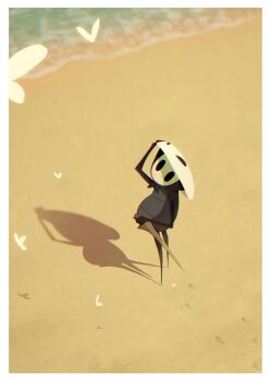 Rule 34 | 1boy, arthropod boy, arthropod limbs, beach, black skin, bug, butterfly, carrying against hip, colored skin, grey headband, grey skin, hand on mask, headband, highres, holding, holding sword, holding weapon, hollow eyes, hollow knight, insect, looking at animal, looking up, male focus, mask, mask on head, ocean, quirrel, salamitown, sand, shadow, sheath, sheathed, shore, solo, sword, water, weapon, white butterfly, white mask