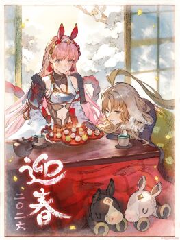 2girls bare_shoulders breasts brown_hair character_request chinese_zodiac cleavage closed_mouth commentary_request granblue_fantasy highres indoors kotatsu long_hair medium_breasts multiple_girls navel official_art pink_hair table under_covers under_kotatsu under_table year_of_the_horse