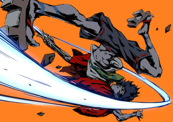 1boy attack barefoot_sandals_(jewelry) black_hair buru-dai capoeira commentary_request geta highres katana kicking male_focus motion_blur mugen_(samurai_champloo) orange_background samurai_champloo short_hair shorts solo sword teeth upside-down weapon