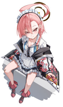 1girl absurdres ahoge apron bandaid bandaid_on_knee bandaid_on_leg black_halo black_jacket black_skirt blue_archive blush braid center_frills closed_mouth collared_shirt commentary earrings eyelashes eyes_visible_through_hair floral_print floral_print_jacket foreshortening frilled_apron frilled_shirt frilled_skirt frills full_body hair_between_eyes halo highres huge_ahoge jacket jewelry looking_at_viewer mahoro_(minase_mahoro) maid maid_headdress miniskirt mole mole_under_each_eye mole_under_eye multiple_moles neru_(blue_archive) open_clothes open_jacket orange_hair print_jacket red_eyes shirt short_hair simple_background single_braid sitting skirt sleeves_past_wrists smile solo split_mouth stud_earrings sukajan tsurime upturned_eyes waist_apron white_apron white_background white_shirt white_sleeves