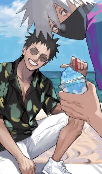 2boys alternate_universe beach black_hair black_shirt blue_sky brown_eyes closed_eyes cloud commentary_request cup facial_scar food grey_hair grin hatake_kakashi highres holding holding_cup male_focus mask mouth_mask multiple_boys naruto_(series) naruto_shippuuden ocean on_one_knee scar scar_across_eye scar_on_cheek scar_on_face shaved_ice shirt shoes shorts sky smile sneakers soyaka uchiha_obito white_shoes white_shorts