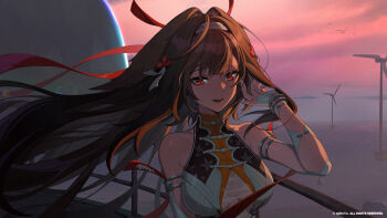 1girl animal_ears brown_hair copyright_notice dusk facing_viewer fingerless_gloves floating_hair gloves gradient_sky hair_ornament hair_ribbon hairband highres long_hair official_art red_eyes ribbon simple_bird sky solo white_hairband ye_shunguang zenless_zone_zero