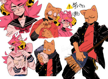 1boy 1girl animal_ears bell black_eyes black_jacket black_pants black_sailor_collar black_scarf broom broom_guitar burgerpants cat_boy cat_ears cat_girl animal_nose chain constricted_pupils crumbs detached_hair eating fangs food furry furry_male gakuran gold_chain hair_bell hair_ornament hand_on_own_chest hatching_(texture) highres jacket jewelry jingle_bell kkupiii looking_at_another looking_to_the_side mad_mew_mew mixed-language_commentary multiple_pov neckerchief necklace open_mouth orange_fur pants pink_scarf pink_shirt pov red_neckerchief red_shirt sailor_collar scarf school_uniform serafuku shaded_face shirt simple_background smile standing steamed_bun sweatdrop thick_eyebrows unbuttoned unconventional_guitar undertale utdr_(toby_fox) white_background white_shirt