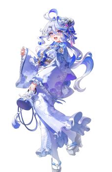 1girl :d absurdres ahoge alternate_costume bag blue_eyes blue_hair blue_kimono blue_pupils commentary dasha drop-shaped_pupils floral_print floral_print_kimono flower frilled_kimono frills full_body furina_(genshin_impact) genshin_impact grey_hair hair_between_eyes hair_flower hair_ornament hairclip hand_up handbag hetero heterochromia highres holding holding_bag japanese_clothes kimono kinchaku leg_up long_hair long_sleeves multicolored_hair open_mouth pouch print_kimono simple_background smile socks solo streaked_hair symbol-shaped_pupils tassel tassel_hair_ornament very_long_hair wavy_hair white_background white_hair white_socks wide_sleeves