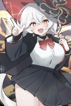 1girl black_robe black_skirt blue_archive blush breasts card collared_shirt commentary_request eri_(blue_archive) hair_between_eyes halo hat hat_ribbon highres jewelry large_breasts long_hair long_sleeves looking_at_viewer multiple_rings n_xo_q open_mouth orange_eyes orange_halo orange_trim pleated_skirt red_hair red_ribbon red_trim ribbon ring robe shirt skirt sleeves_past_wrists smile solo sparkling_eyes very_long_hair white_shirt wide_sleeves