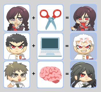 1girl 3boys ahoge alter_ego_(danganronpa) black_hair braid brain brown_hair collared_shirt computer danganronpa_(series) danganronpa_2:_goodbye_despair fukawa_toko gakuran genocider_shou glasses green_necktie grin harumina_mau highres hinata_hajime ishimaru_kiyotaka jacket kamukura_izuru laptop long_hair long_tongue multiple_boys necktie red_eyes round_eyewear school_uniform scissors shirt short_hair smile spoilers teeth tongue tongue_out twin_braids twintails white_hair white_jacket