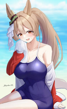 1girl animal_ears blue_one-piece_swimsuit blush breasts brown_eyes brown_hair cleavage collarbone commentary_request ear_ornament highres holding holding_towel horse_ears horse_girl horse_tail jacket large_breasts long_hair looking_at_viewer lryutanl one-piece_swimsuit open_clothes open_jacket open_mouth ponytail red_jacket satono_diamond_(umamusume) smile solo swimsuit tail thighs towel tracen_swimsuit umamusume