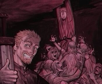 askeladd blonde_hair clothes_grab crying facial_hair flrrrrr222222 furrowed_brow goatee grin hanging hell holding holding_sword holding_weapon hollow_eyes looking_at_viewer male_focus mature_male open_mouth outstretched_arms shirt_grab sketch smile streaming_tears sword tears teeth thorfinn thumbs_up vinland_saga weapon