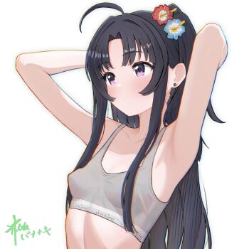 1girl ahoge armpits arms_up awa_subaru black_hair breasts calvin_klein chromatic_aberration closed_mouth collarbone commentary_request covered_erect_nipples flower girls_band_cry gohannanaki grey_sports_bra hair_flower hair_ornament hair_over_breasts highres long_hair one_side_up parted_bangs purple_eyes simple_background small_breasts solo sports_bra tying_hair upper_body white_background