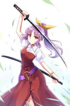1girl belt bracelet closed_mouth collared_shirt commentary_request dress hair_ribbon highres holding holding_sheath holding_sword holding_weapon jewelry kachuten long_hair looking_at_viewer loose_belt ponytail puffy_short_sleeves puffy_sleeves purple_belt purple_hair red_dress red_eyes ribbon sheath shirt short_sleeves single_strap smile solo sword touhou unsheathed watatsuki_no_yorihime weapon white_shirt yellow_ribbon