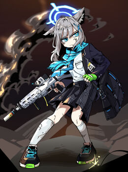Rule 34 | 1girl, animal ear fluff, animal ears, assault rifle, bag, black jacket, black shoes, blue archive, blue eyes, closed mouth, dirty, dirty clothes, dirty face, fingerless gloves, geonbanmaen, gloves, green gloves, grey hair, gun, hair ornament, halo, highres, holding, holding gun, holding weapon, jacket, long hair, long sleeves, mismatched pupils, open clothes, open jacket, plaid clothes, plaid skirt, rifle, scarf, shiroko (blue archive), shirt, shirt tucked in, shoes, shoulder bag, sig sauer 556, single glove, skirt, smoke, sneakers, socks, solo, standing, torn clothes, torn socks, weapon, white shirt, white socks