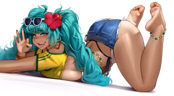 1girl absurdres anklet aqua_eyes aqua_hair barefoot bead_anklet beads bikini black_bikini blush brazilian_miku breasts commentary dark-skinned_female dark_skin denim denim_shorts eyewear_on_head feet feet_up fellatio_gesture flower green_nails hair_flower hair_ornament half-closed_eyes handjob_gesture hatsune_miku highleg highleg_bikini highres jewelry kairunoburogu large_breasts light-skinned_soles multicolored_nails nail_polish off-shoulder_shirt off_shoulder red_flower shirt short_shorts short_sleeves shorts side-tie_bikini_bottom sideboob simple_background soles solo sunglasses swimsuit toes two-tone_nails underboob vocaloid white-framed_eyewear white_background yellow_nails yellow_shirt