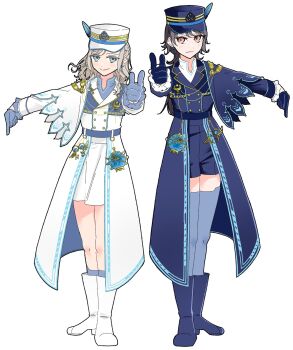 Rule 34 | 2girls, black hair, blue boots, blue capelet, blue feathers, blue gloves, blue hat, blue jacket, blue shirt, blue shorts, blue socks, blue thighhighs, boots, buttons, capelet, ceras yanagida lilienfeld, ceras yanagida lilienfeld (sairin no shasou), closed mouth, commentary, double-breasted, emmet (pokemon), feathers, frown, full body, gloves, grey hair, hat, hat feather, highres, ingo (pokemon), jacket, jellyfish cut, katsuragi izumi, katsuragi izumi (kaiten no shasou), link! like! love live!, llkapital, long hair, long sleeves, looking at viewer, love live!, miniskirt, multiple girls, nintendo, orange eyes, parody, pointing, pointing at viewer, pointing down, pokemon, pokemon bw, pose imitation, shirt, short shorts, shorts, side cape, simple background, skirt, smile, socks, split mouth, standing, untranslatable commentary, thighhighs, train conductor, trait connection, virtual youtuber, wavy hair, white background, white boots, white capelet, white jacket, white shirt, white skirt