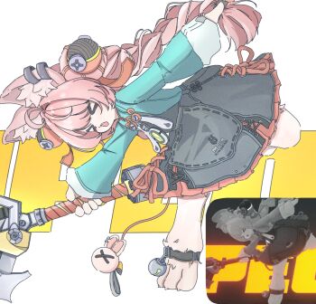 1girl ahoge animal_ear_fluff animal_ear_piercing animal_ears braid bright_pupils chika_(ch1k4) commentary furry furry_female hair_ornament highres long_hair open_mouth pink_fur pink_hair rabbit_ears rabbit_girl red_eyes shirt short_eyebrows solo thick_eyebrows twin_braids white_pupils zenless_zone_zero zhao_(zenless_zone_zero)