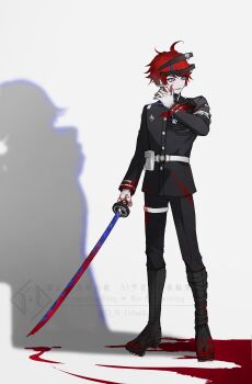 1boy absurdres ahoge aotsuki_eito armband belt black_boots black_jacket black_pants black_streaks blood blood_on_clothes blood_on_face blood_on_gloves bloody_weapon boots commentary different_shadow evil_smile eyeshadow gakuran geta gloves hand_up headgear highres holding holding_sword holding_weapon hole_in_chest hole_on_body jacket last_defense_academy_school_uniform makeup male_focus multicolored_hair o.n.lieluck official_alternate_eye_color pants purple_eyes red_eyeshadow red_hair ringed_eyes school_uniform short_hair signature smile solo spoilers streaked_hair sumino_takumi sword symbol-only_commentary the_hundred_line_-last_defense_academy- twitter_username two-tone_hair watermark weapon white_armband white_background white_belt white_gloves