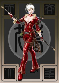 1girl absurdres bo_staff boots bracelet breasts circlet cleavage commentary_request detached_collar earrings fingerless_gloves full-length_zipper full_body fur-trimmed_jumpsuit fur_trim genderswap genderswap_(mtf) gloves gold_circlet gonome headphones high_heels highres jewelry journey_to_the_west jumpsuit large_breasts long_sleeves looking_to_the_side multiple_bracelets original partially_unzipped red_boots red_gloves red_jumpsuit short_hair smile solo sphere_earrings standing sun_wukong thigh_sheath tonfa v-shaped_eyebrows weapon white_hair yellow_eyes zipper