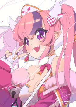 1girl commentary demon_girl demon_horns english_commentary epebe fang fingerless_gloves fur-trimmed_jacket fur_trim gloves hair_ornament heart heart_hair_ornament highres horns ironmouse ironmouse_(race_queen) jacket leotard long_hair looking_at_viewer multicolored_hair nail_polish open_mouth pink_hair pink_jacket purple_nails purple_streaks skin_fang smile solo streaked_hair twintails v very_long_hair virtual_youtuber vshojo white_gloves white_leotard