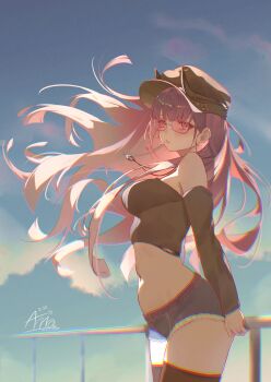 1girl absurdres against_railing alternate_costume annasui_factory azur_lane bare_shoulders black_hat black_shirt black_shorts black_thighhighs blue_sky blush breasts candy casual chromatic_aberration closed_mouth crop_top cutoffs day detached_sleeves food grey-framed_eyewear hat highres horns horns_through_headwear jewelry large_breasts lollipop long_hair long_sleeves looking_at_viewer midriff navel necklace noshiro_(azur_lane) outdoors pink-framed_eyewear purple_hair railing semi-rimless_eyewear shirt short_shorts shorts signature sky smile solo sunglasses sunlight thighhighs under-rim_eyewear very_long_hair