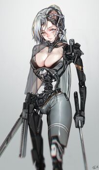 1girl absurdres amputee android brain breasts chromatic_aberration cleavage closed_mouth cyborg damaged dual_wielding exposed_brain gradient_background grey_background gun highres holding holstered iuui large_breasts long_hair looking_at_viewer mechabare mechanization mismatched_pupils no_pupils original ponytail solo triple_amputee variant_set weapon white_hair