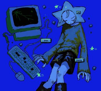 1boy black_shorts blue_background broken closed_eyes closed_mouth computer_keyboard computer_mouse crt feet_out_of_frame hat long_sleeves male_focus monitor original ru-neo_(neoru18436) shorts solo star-shaped_hat star_(symbol) sweater user_interface