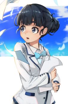 1girl absurdres basori_tiara black_hair blazer blue_bow blue_bowtie blue_sky bow bowtie collared_shirt flying_paper hair_bun highres holding holding_paper jacket kanihara_hitori letterboxed long_sleeves make_heroine_ga_oo_sugiru! mole mole_on_neck open_mouth paper paper_stack shirt short_hair sky solo upper_body white_background white_jacket white_shirt winter_uniform
