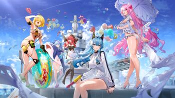 Rule 34 | 5girls, 7gao, admire (nikke), aegis (nikke), anchor (innocent maid) (nikke), anchor (nikke), bikini, blonde hair, blue hair, blue sky, cloud, commentary request, dorothy (nikke), dorothy (serendipity) (nikke), elegg (boom and shock) (nikke), elegg (nikke), frilled bikini, frills, goddess of victory: nikke, hair over eyes, helm (aqua marine) (nikke), helm (nikke), highres, holding, holding umbrella, holding water gun, inflatable shark, inflatable toy, maid, maid bikini, mast (nikke), mast (romantic maid) (nikke), multiple girls, official alternate costume, official art, outdoors, parasol, pink hair, sky, slingshot swimsuit, swimsuit, too many balloons, umbrella, unconventional maid, water gun, yellow slingshot swimsuit