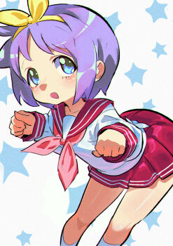 1girl :d ankle_socks blue_eyes clenched_hands hair_ribbon highres hiiragi_tsukasa lucky_star neckerchief open_mouth pink_neckerchief puppet_art purple_hair red_sailor_collar red_skirt ribbon ryouou_school_uniform sailor_collar school_uniform shirt short_hair skirt smile socks star_(symbol) star_symbol_background tareme white_shirt white_socks yellow_ribbon