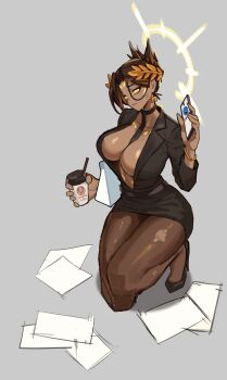 1girl breasts brown_hair choker commentary dark-skinned_female dark_skin emperor_of_mankind english_commentary genderswap genderswap_(mtf) head_wreath highres holding large_breasts laurel_crown long_hair pantyhose podobrick solo toned toned_female very_long_hair warhammer_40k white_background yellow_eyes