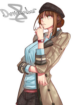1girl absurdres borrowed_clothes braid brown_hair bun_with_braided_base coat commentary dated duvalie eiyuu_densetsu english_commentary english_text flat_cap green_eyes hair_between_eyes hair_bun hat highres long_sleeves marielle_ayme moren_eh open_clothes open_coat sen_no_kiseki_(series) short_hair single_hair_bun solo upper_body watch wristwatch