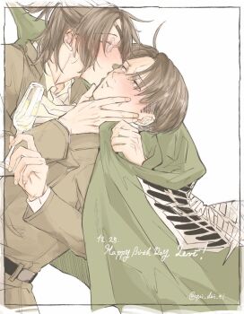 1boy 1girl arm_around_shoulder blush brown_hair brown_jacket champagne_flute cloak closed_eyes collared_shirt couple cup dated drinking_glass drunk eyepatch furrowed_brow glasses green_cloak hand_on_another&#039;s_cheek hand_on_another&#039;s_face hange_zoe happy_birthday hetero holding holding_cup jacket kiss kissing_cheek levi_(shingeki_no_kyojin) looking_at_another medium_hair military_jacket military_uniform parted_bangs ponytail qui_dui_zi shingeki_no_kyojin shirt short_hair survey_corps_(emblem) twitter_username upper_body white_background white_shirt