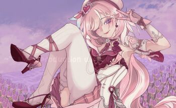 1girl ;) beret breasts commentary diamond-shaped_pupils diamond_(shape) dress earrings elf elysia_(hi_love_elf)_(honkai_impact) elysia_(honkai_impact) english_commentary field flower flower_field hat heart heart_earrings high_heels highres honkai_(series) honkai_impact_3rd jewelry large_breasts long_hair looking_at_viewer multicolored_hair one_eye_closed pantyhose pink_flower pink_hair pink_tulip pointy_ears purple_eyes red_dress single_leg_pantyhose single_thighhigh smile solo sotyeol symbol-shaped_pupils thighhighs tulip two-tone_hair v v_over_eye very_long_hair white_dress white_hair white_pantyhose white_thighhighs