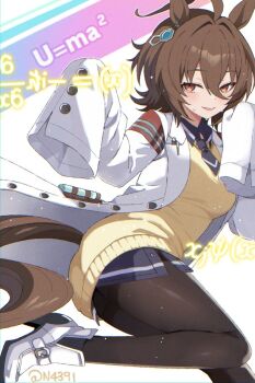 1girl agnes_tachyon_(tach-nology)_(umamusume) agnes_tachyon_(umamusume) ahoge animal_ears ass black_pantyhose blush breasts brown_hair chemical_structure coat commentary cork e=mc2_(equation) earrings english_commentary film_grain hair_between_eyes horse_ears horse_girl horse_tail huge_ahoge jewelry lab_coat long_sleeves math medium_breasts medium_hair n4391 necktie open_mouth pantyhose red_eyes shirt short_necktie single_earring sleeves_past_fingers sleeves_past_wrists smile solo sweat sweater sweater_vest tail test_tube umamusume white_coat wolf_cut yellow_sweater yellow_sweater_vest