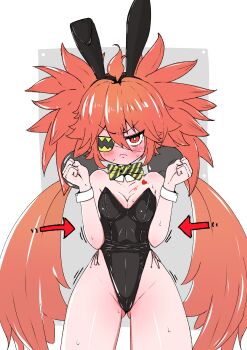 1girl absurdres ahoge animal_ears bare_shoulders blush commentary_request eyepatch fake_animal_ears hair_between_eyes hair_ornament highres iamrogk koleda_belobog long_hair looking_at_viewer playboy_bunny red_eyes red_hair solo sphere_hair_ornament twintails wrist_cuffs zenless_zone_zero