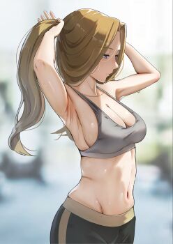 1girl alternate_costume armpits arms_up blonde_hair blurry blurry_background breasts cleavage commentary_request from_side grey_sports_bra highres large_breasts long_hair methode_(sousou_no_frieren) navel pants purple_eyes solo sousou_no_frieren sports_bra sweat sweatpants toned toned_female tying_hair yami_anko