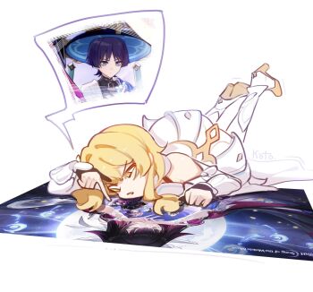 1girl artist_name black_bodysuit black_gloves blonde_hair blue_cape blue_hat blue_trim blunt_ends bodysuit candy cape closed_mouth columbina_(genshin_impact) covered_collarbone detached_sleeves dress eyeliner eyeshadow feet_up food genshin_impact gloves gold gold_shoes halterneck hat high_heels highres holding holding_candy holding_food index_finger_raised japanese_clothes jingasa kimono kotokate light_blush lumine_(genshin_impact) lying makeup mandarin_collar mini_durin_(genshin_impact) mini_durin_(human)_(genshin_impact) official_art_inset on_stomach open_mouth paimon_(genshin_impact) partially_fingerless_gloves pointing pointing_at_object purple_hair raised_eyebrow red_eyeliner red_eyeshadow scaramouche_(genshin_impact) shoes short_hair short_hair_with_long_locks shoulder_peek sidelocks single_bare_shoulder speech_bubble spoken_character thighhighs tsurime uneven_eyes vambraces varka_(genshin_impact) wanderer_(genshin_impact) white_background white_dress white_kimono white_sleeves white_thighhighs wispy_bangs yellow_eyes