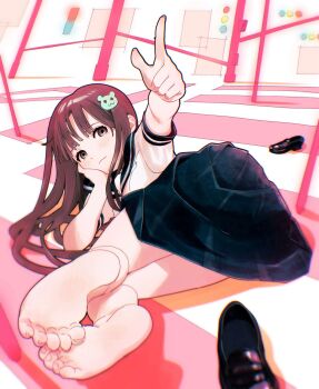 1girl barefoot black_sailor_collar black_skirt brown_eyes brown_hair character_request closed_mouth copyright_request feet foot_focus full_body hair_ornament head_rest highres kawamitsu legs_together loafers long_hair looking_at_viewer lying miniskirt on_side pink_background pleated_skirt pointing pointing_up sailor_collar school_uniform shadow shirt shoes short_sleeves skirt soles solo toe_scrunch toenails toes two-tone_background unworn_shoes very_long_hair white_background white_shirt
