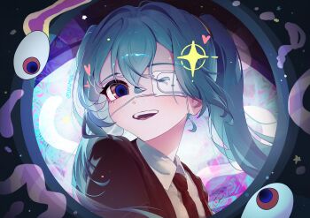 Rule 34 | 1girl, absurdres, black necktie, blazer, blue eyes, blue hair, blush, collared shirt, eyepatch, hatsune miku, highres, jacket, jelmul, long hair, looking at viewer, monitoring (vocaloid), necktie, one eye covered, open mouth, peephole, pov, pov peephole, shirt, solo, standing, twintails, upper body, very long hair, vocaloid, white shirt