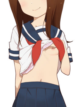 1girl blouse blush bra bra_lift breasts brown_hair clothes_lift female_focus head_out_of_frame highres karakai_jouzu_no_takagi-san lifting_own_clothes loli long_hair morisobo navel neckerchief nipples open_clothes poking sailor_collar school_uniform serafuku shirt shirt_lift short_sleeves simple_background skirt small_breasts smile solo standing takagi-san teasing underwear upper_body white_background white_shirt