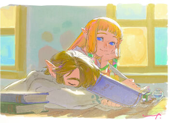 1boy 1girl blonde_hair blunt_bangs book book_stack bracelet closed_eyes closed_mouth feather_nib_pen hair_ribbon head_rest holding holding_pen jewelry link lip_(lih8) long_hair looking_at_another nintendo nose pen pointy_ears princess_zelda ribbon sidelocks sleeping sleeping_on_desk smile the_legend_of_zelda the_legend_of_zelda:_skyward_sword
