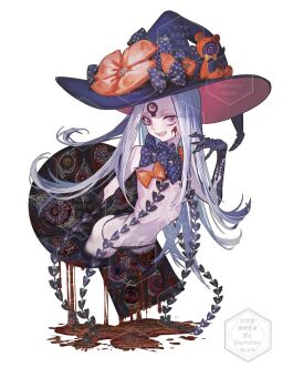 1girl abigail_williams_(fate) abigail_williams_(third_ascension)_(fate) black_bow black_hat black_panties bow breasts commentary_request fate/grand_order fate_(series) hat highres key keyhole long_hair looking_at_viewer multiple_hat_bows orange_bow ota_(ota-0000) pale_skin panties parted_bangs petite polka_dot polka_dot_bow red_eyes revealing_clothes small_breasts smile solo tentacles third_eye underwear very_long_hair white_hair witch_hat